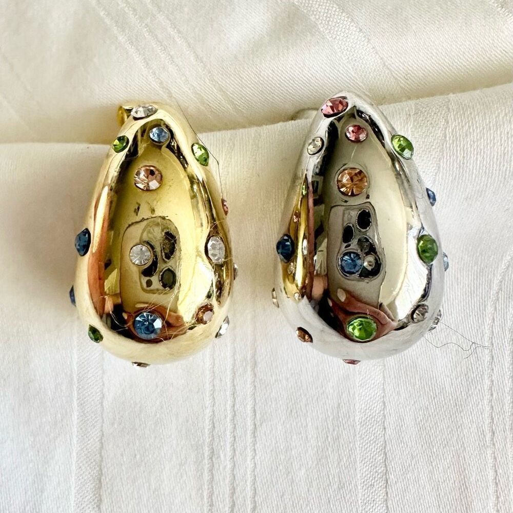 Multicolor gold and silver mod style teardrop earrings with rainbow cubic zircon